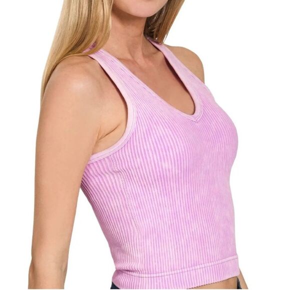Zenana Outfitters Tops - Zenana NEW Washed Ribbed Seamless Bra Padded V-neck Tank Top in Lavender Size S/